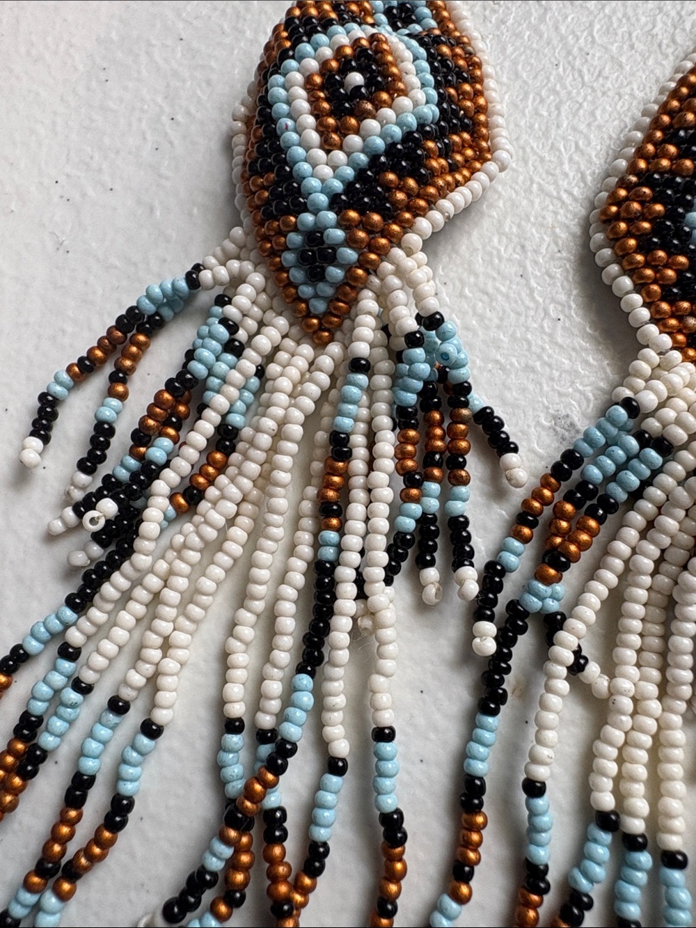 Handmade Beaded Fringe Earrings - White, Light Blue, Copper, Black - Picture 4 of 5